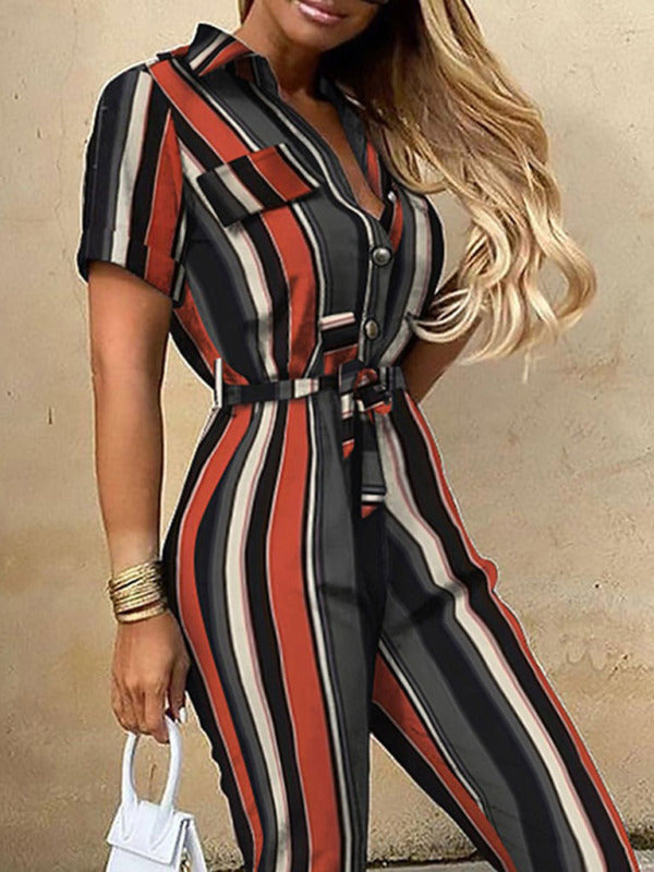 Casual Lapel Buttoned Belt Cargo Jumpsuit kakaclo