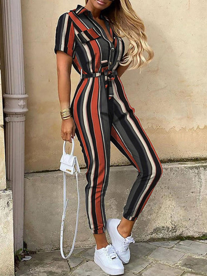 Casual Lapel Buttoned Belt Cargo Jumpsuit kakaclo