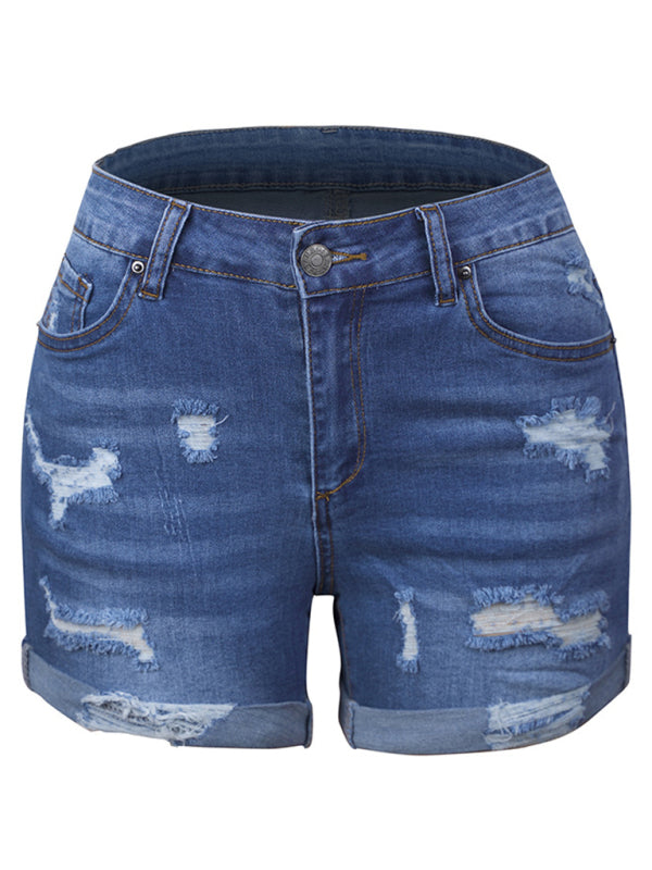 Destroyed High Waist Stretch Denim Shorts kakaclo