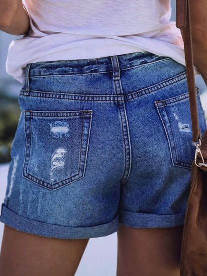 Destroyed High Waist Stretch Denim Shorts kakaclo