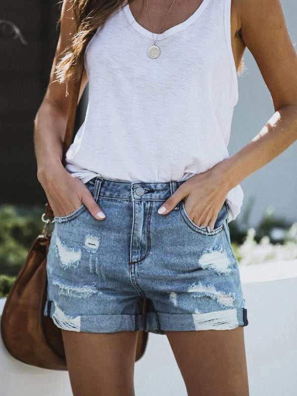 Destroyed High Waist Stretch Denim Shorts kakaclo