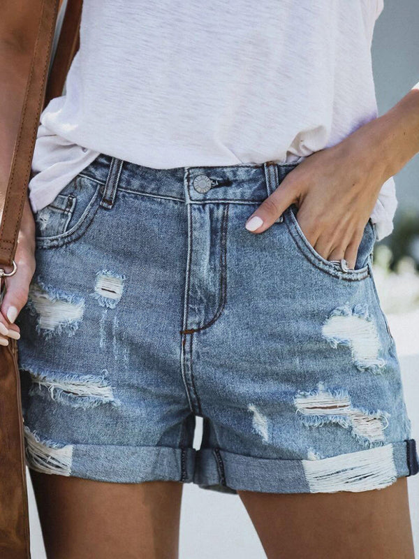 Destroyed High Waist Stretch Denim Shorts kakaclo