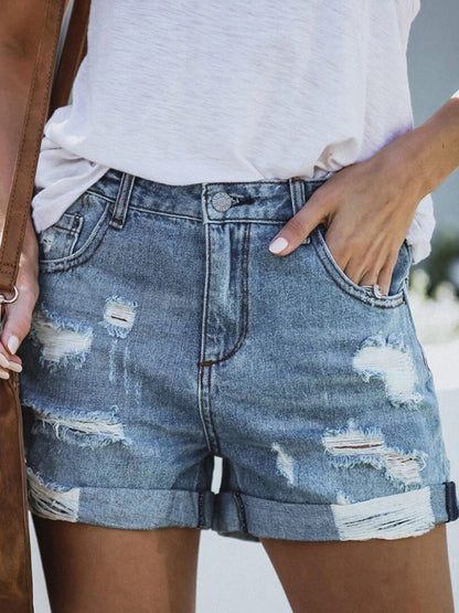 Destroyed High Waist Stretch Denim Shorts kakaclo