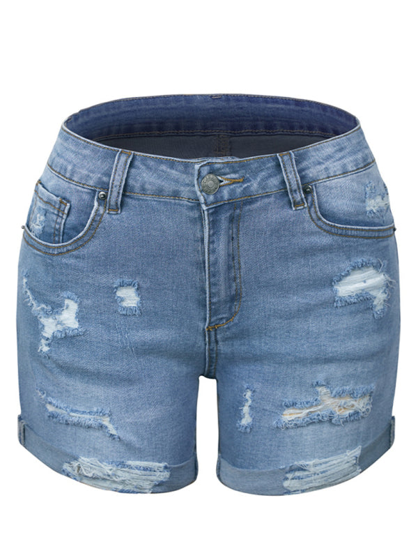 Destroyed High Waist Stretch Denim Shorts kakaclo
