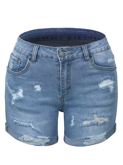 Destroyed High Waist Stretch Denim Shorts kakaclo