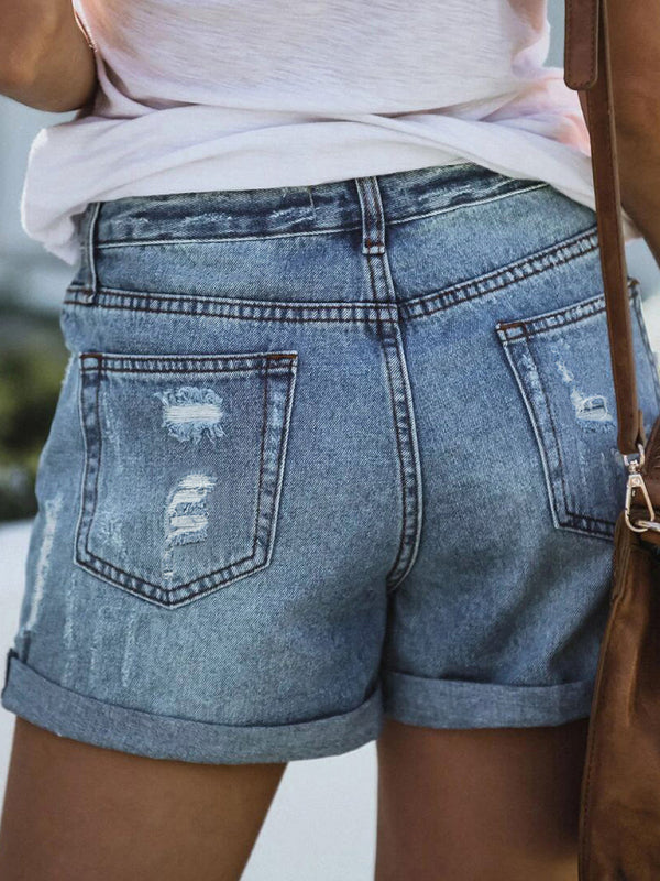 Destroyed High Waist Stretch Denim Shorts kakaclo