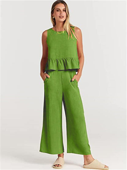 Ruffle Sleeveless Top With Matching Wide-leg Pants Set kakaclo