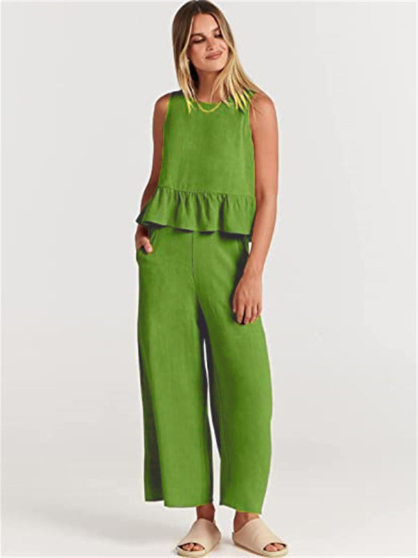 Ruffle Sleeveless Top With Matching Wide-leg Pants Set kakaclo
