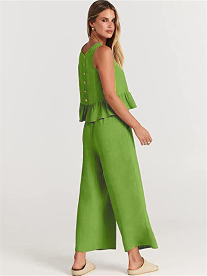 Ruffle Sleeveless Top With Matching Wide-leg Pants Set kakaclo