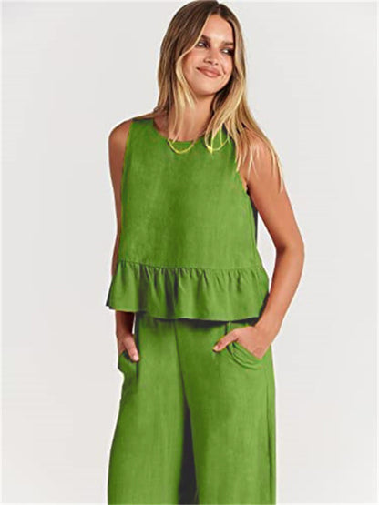 Ruffle Sleeveless Top With Matching Wide-leg Pants Set kakaclo