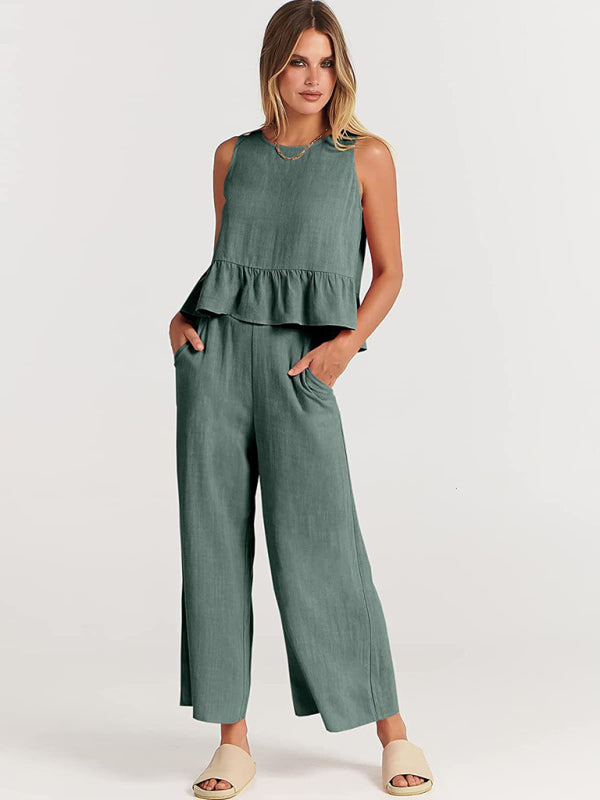 Ruffle Sleeveless Top With Matching Wide-leg Pants Set kakaclo