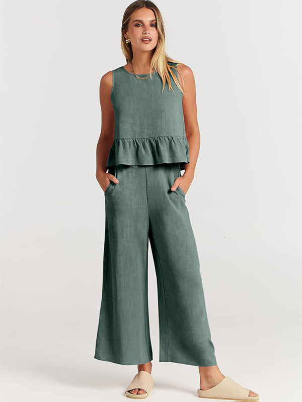 Ruffle Sleeveless Top With Matching Wide-leg Pants Set kakaclo