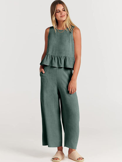 Ruffle Sleeveless Top With Matching Wide-leg Pants Set kakaclo