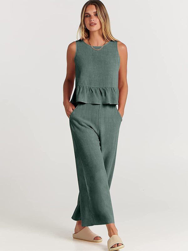 Ruffle Sleeveless Top With Matching Wide-leg Pants Set kakaclo