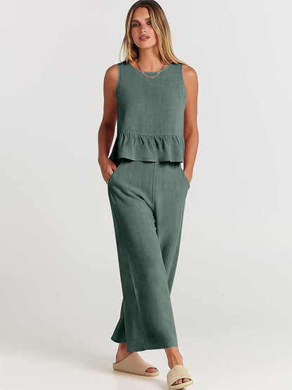 Ruffle Sleeveless Top With Matching Wide-leg Pants Set kakaclo