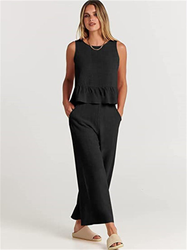 Ruffle Sleeveless Top With Matching Wide-leg Pants Set kakaclo