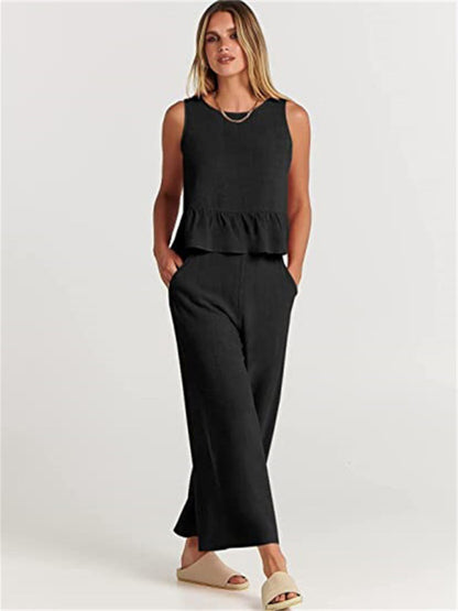 Ruffle Sleeveless Top With Matching Wide-leg Pants Set kakaclo