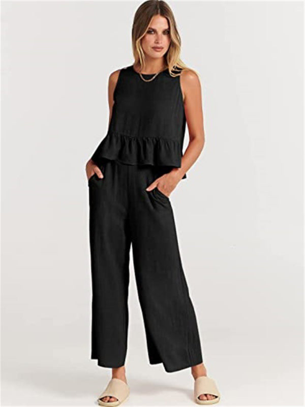 Ruffle Sleeveless Top With Matching Wide-leg Pants Set kakaclo