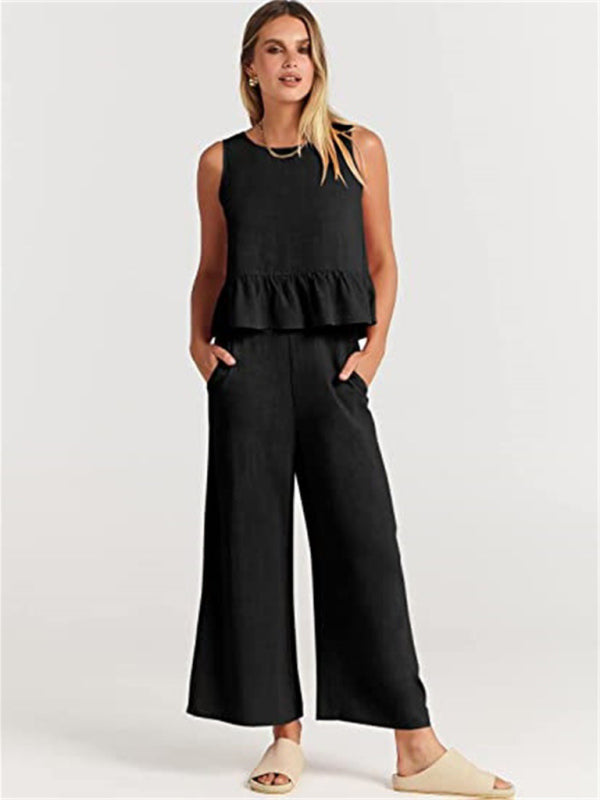 Ruffle Sleeveless Top With Matching Wide-leg Pants Set kakaclo