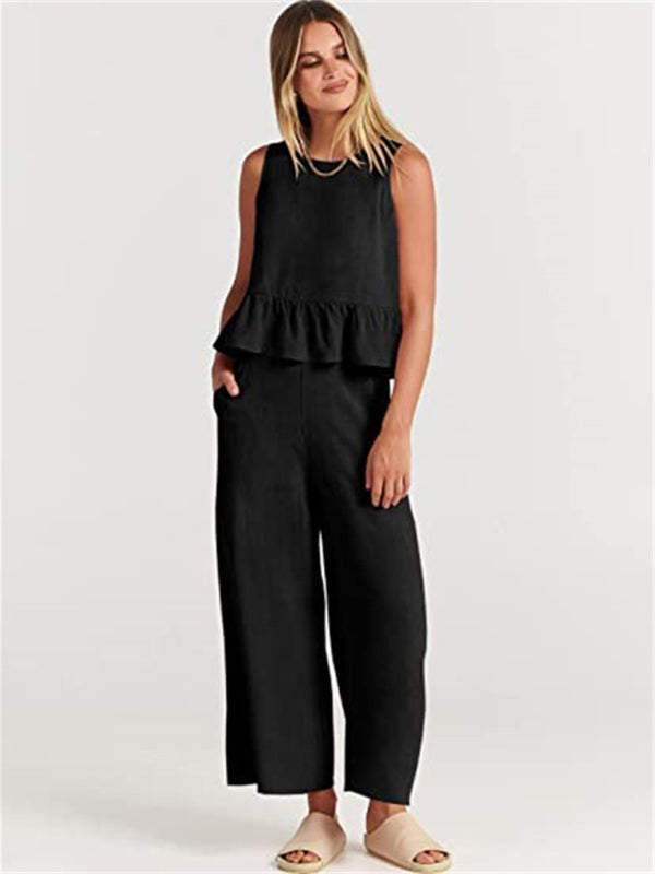 Ruffle Sleeveless Top With Matching Wide-leg Pants Set kakaclo
