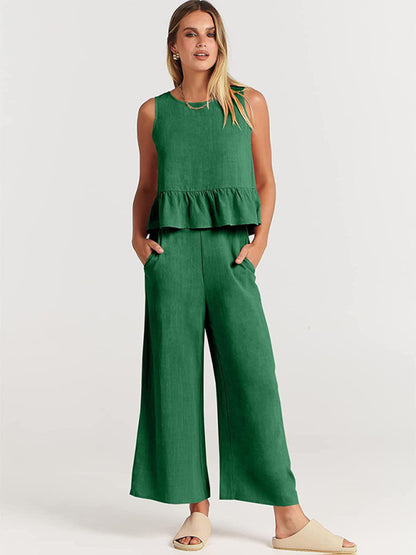 Ruffle Sleeveless Top With Matching Wide-leg Pants Set kakaclo