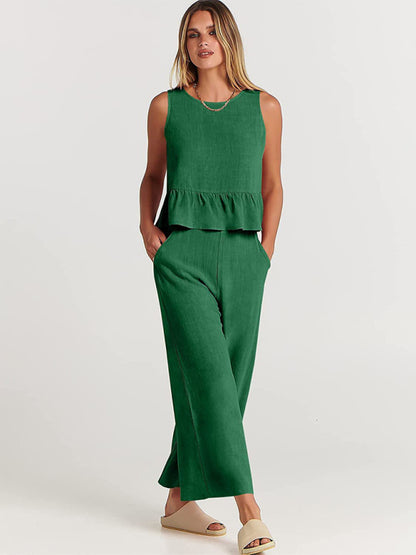 Ruffle Sleeveless Top With Matching Wide-leg Pants Set kakaclo