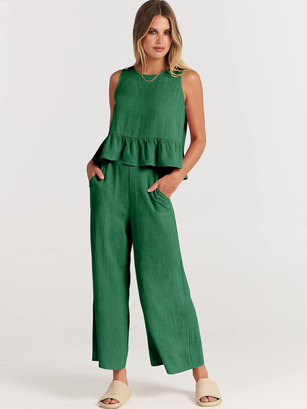 Ruffle Sleeveless Top With Matching Wide-leg Pants Set kakaclo