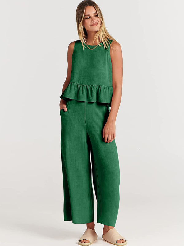 Ruffle Sleeveless Top With Matching Wide-leg Pants Set kakaclo