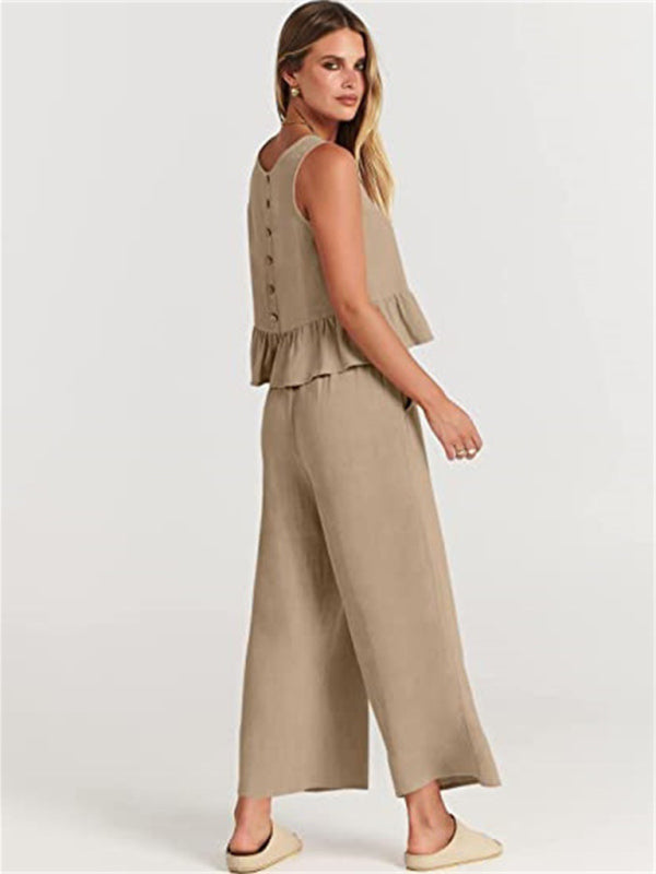 Ruffle Sleeveless Top With Matching Wide-leg Pants Set kakaclo