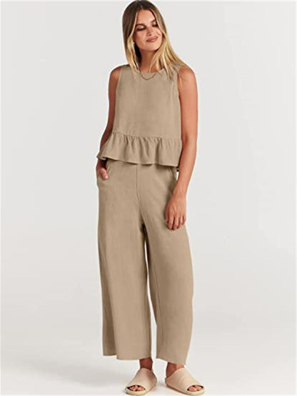 Ruffle Sleeveless Top With Matching Wide-leg Pants Set kakaclo
