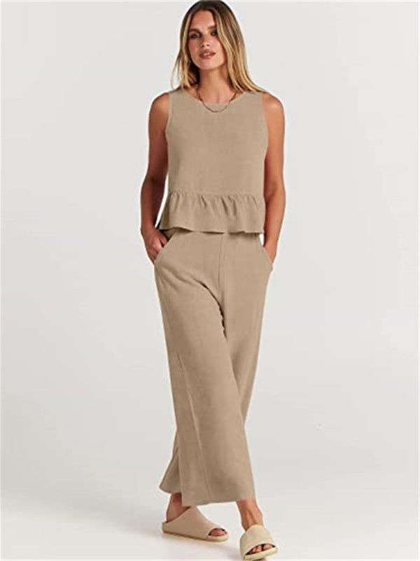 Ruffle Sleeveless Top With Matching Wide-leg Pants Set kakaclo
