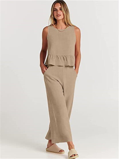 Ruffle Sleeveless Top With Matching Wide-leg Pants Set kakaclo