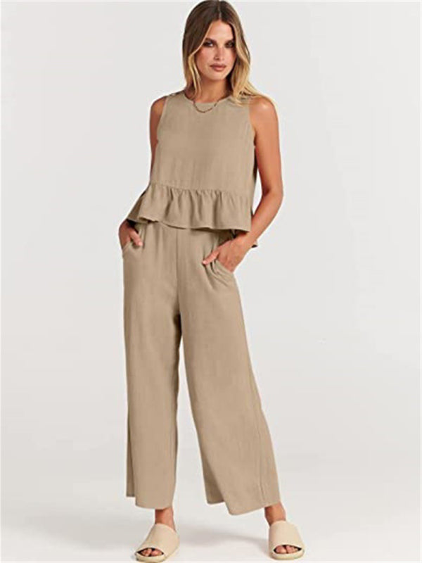 Ruffle Sleeveless Top With Matching Wide-leg Pants Set kakaclo