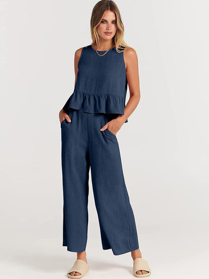 Ruffle Sleeveless Top With Matching Wide-leg Pants Set kakaclo