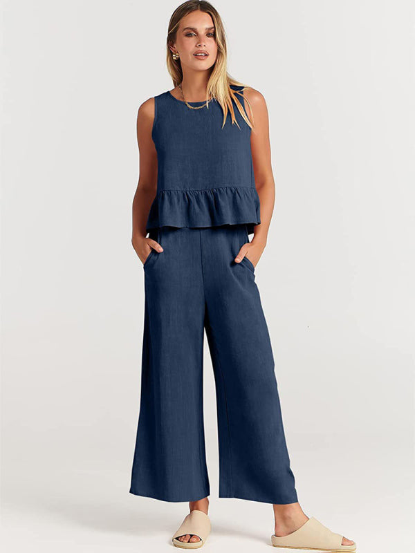 Ruffle Sleeveless Top With Matching Wide-leg Pants Set kakaclo