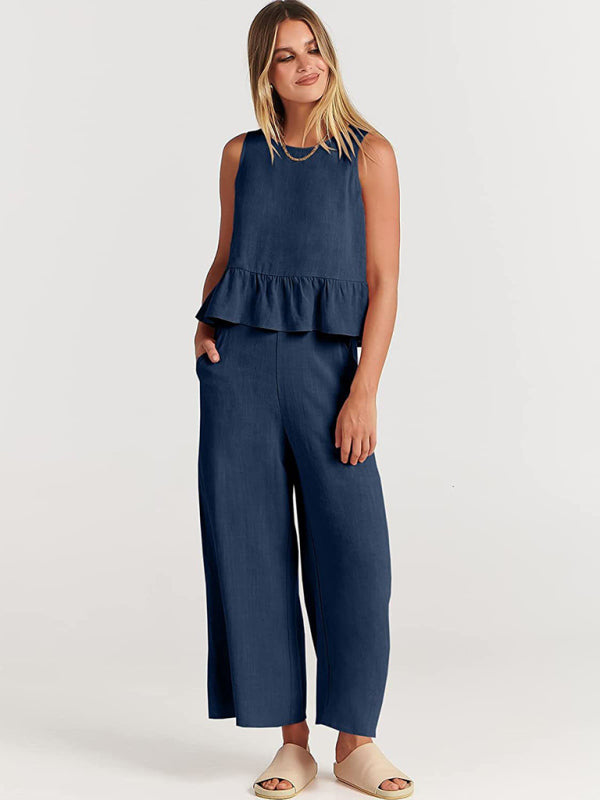 Ruffle Sleeveless Top With Matching Wide-leg Pants Set kakaclo