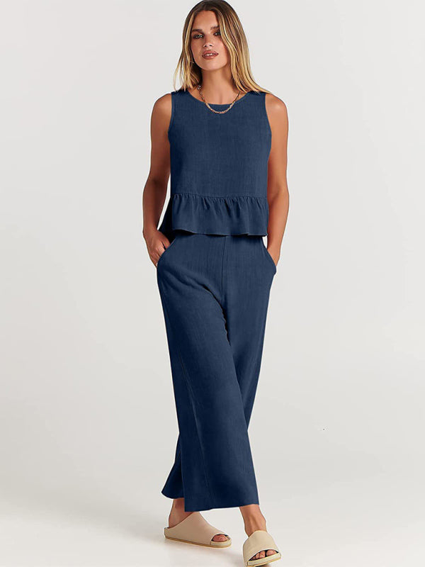 Ruffle Sleeveless Top With Matching Wide-leg Pants Set kakaclo