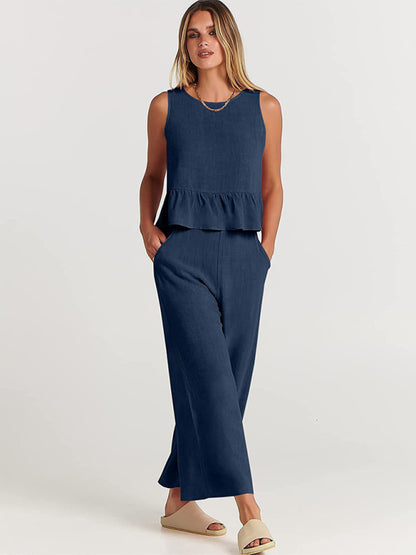 Ruffle Sleeveless Top With Matching Wide-leg Pants Set kakaclo