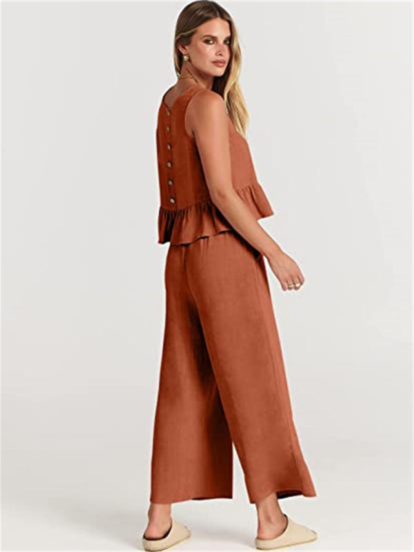 Ruffle Sleeveless Top With Matching Wide-leg Pants Set kakaclo