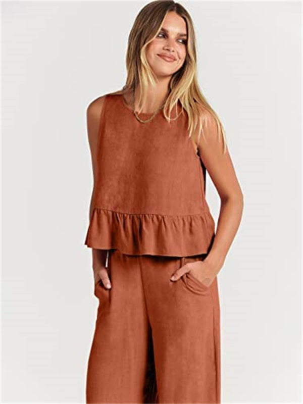Ruffle Sleeveless Top With Matching Wide-leg Pants Set kakaclo