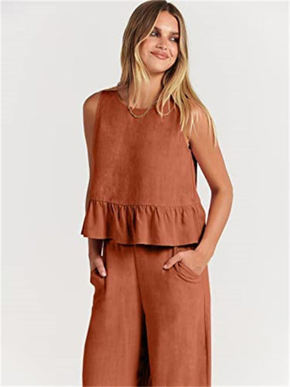 Ruffle Sleeveless Top With Matching Wide-leg Pants Set kakaclo