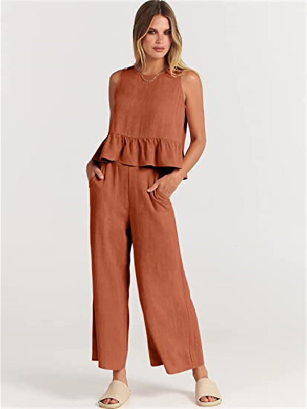 Ruffle Sleeveless Top With Matching Wide-leg Pants Set kakaclo