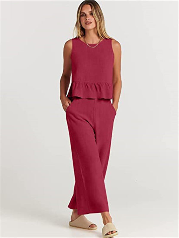 Ruffle Sleeveless Top With Matching Wide-leg Pants Set kakaclo