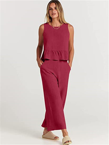 Ruffle Sleeveless Top With Matching Wide-leg Pants Set kakaclo