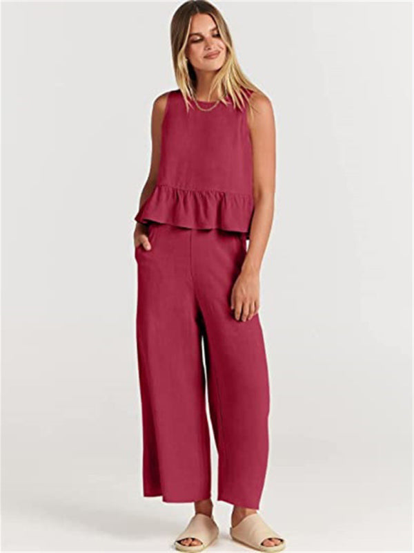 Ruffle Sleeveless Top With Matching Wide-leg Pants Set kakaclo