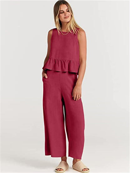 Ruffle Sleeveless Top With Matching Wide-leg Pants Set kakaclo