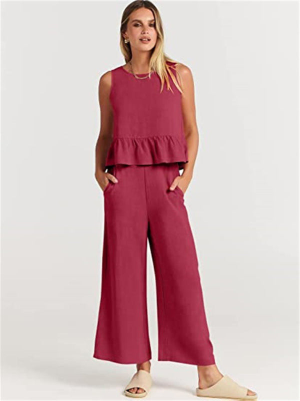 Ruffle Sleeveless Top With Matching Wide-leg Pants Set kakaclo