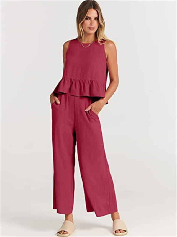 Ruffle Sleeveless Top With Matching Wide-leg Pants Set kakaclo