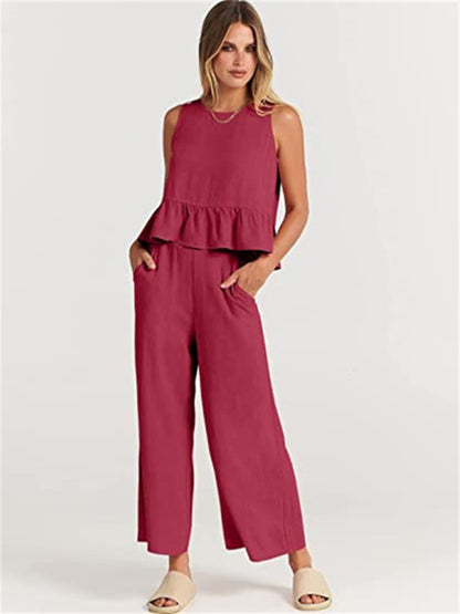 Ruffle Sleeveless Top With Matching Wide-leg Pants Set kakaclo
