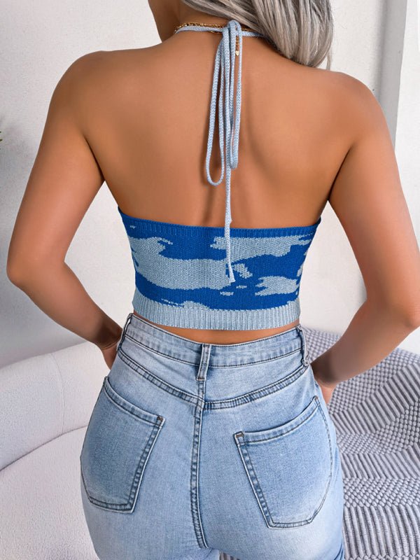 Pattern Halter Neckline Adjustable Tie Closures Crop Top kakaclo